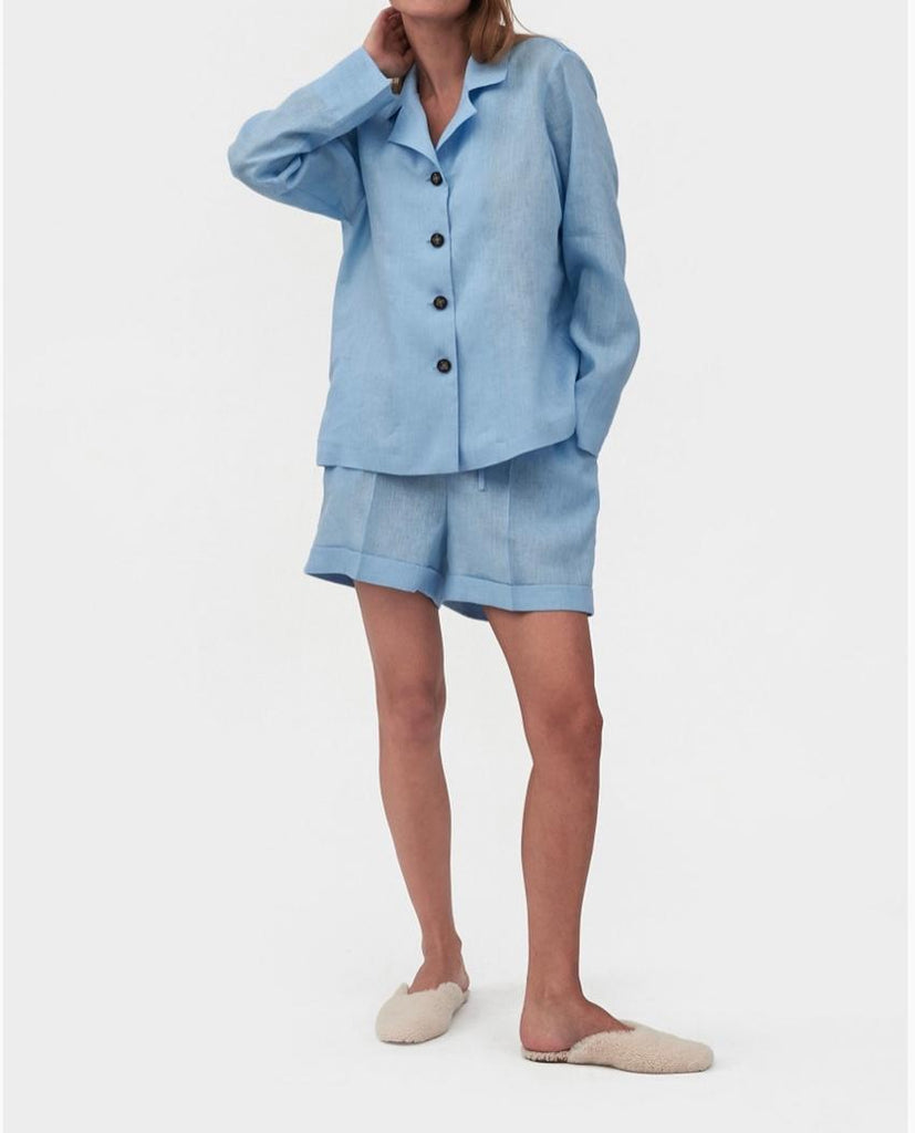 Azure Blue Linen Pajama Set with Shorts